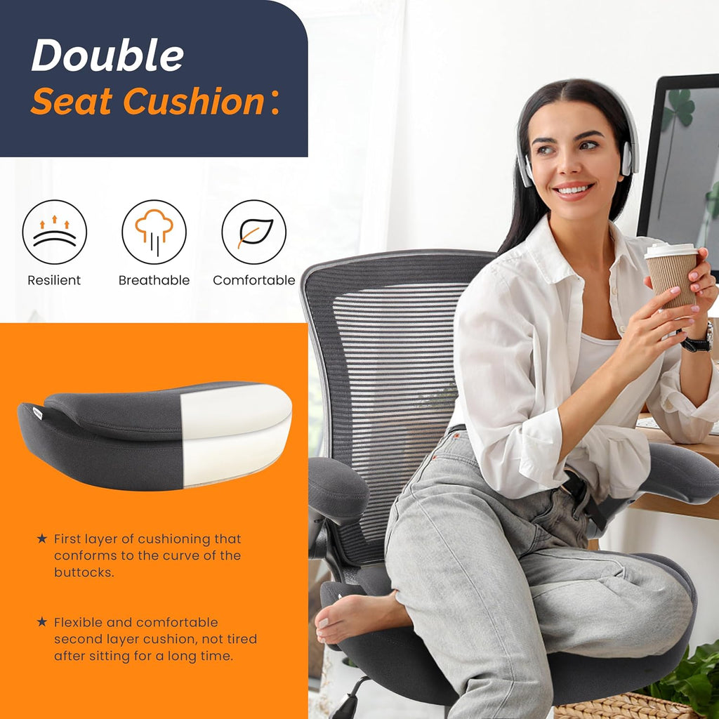 Drafting Chair Tall Office Chair, Ergonomic Standing Desk Computer Stools with, Flip-up Armrests, Adjustable Height and Big Foot-Ring, Comfortable Double Seat Cushion Foam Seat(Balck)