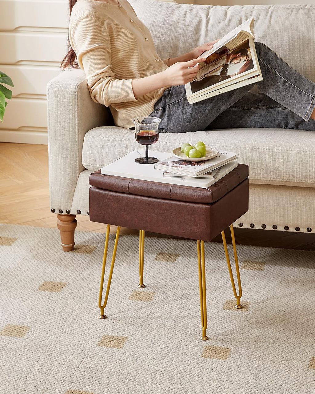 IBUYKE Multifunctional Storage Vanity Stool with Flip Tabletop, Adjustable Metal Legs & PU Leather, 40x30x48cm, Ottoman Footrest for Makeup, Living Room, Entryway, Brown WBD014Z