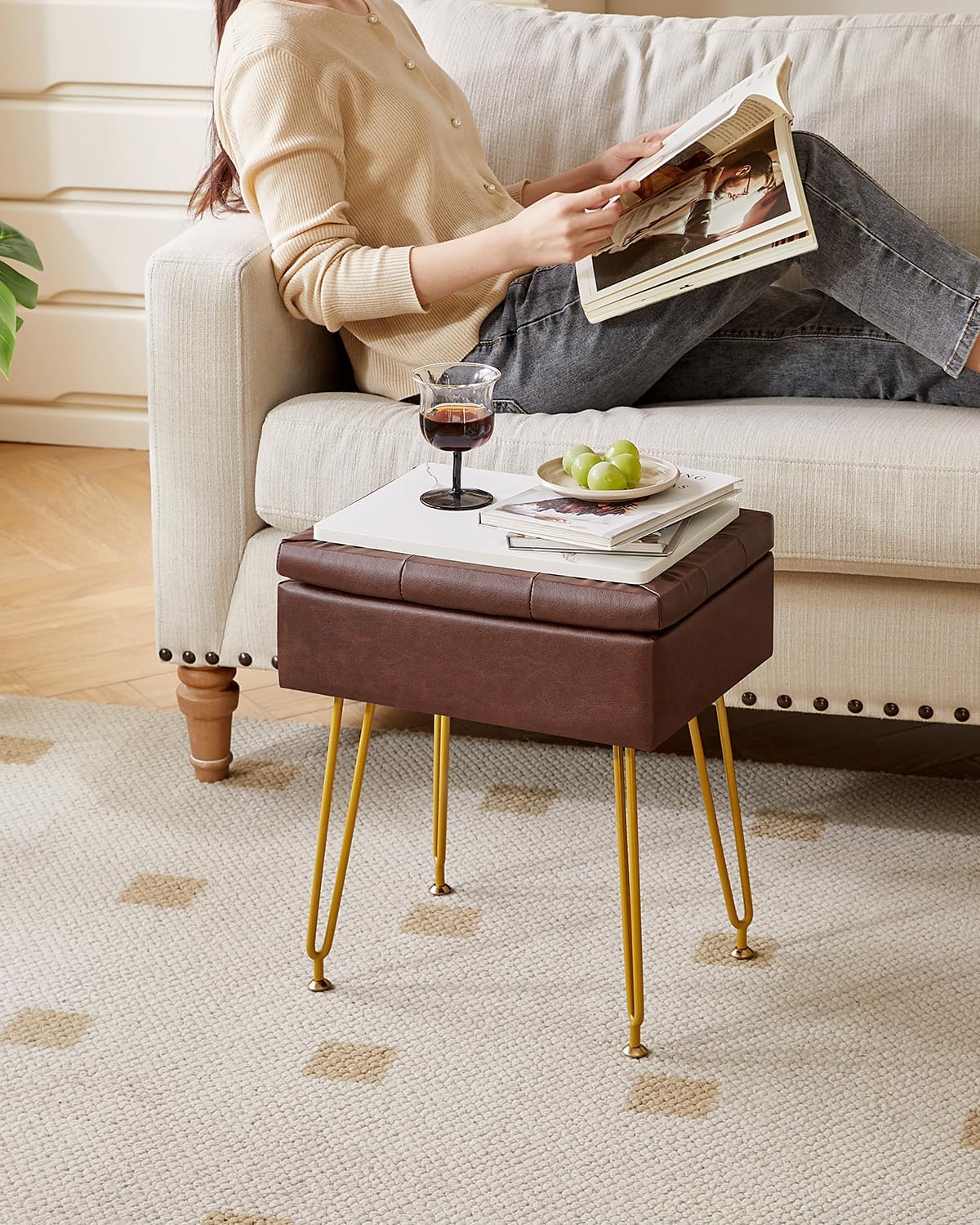 IBUYKE Multifunctional Storage Vanity Stool with Flip Tabletop, Adjustable Metal Legs & PU Leather, 40x30x48cm, Ottoman Footrest for Makeup, Living Room, Entryway, Brown WBD014Z
