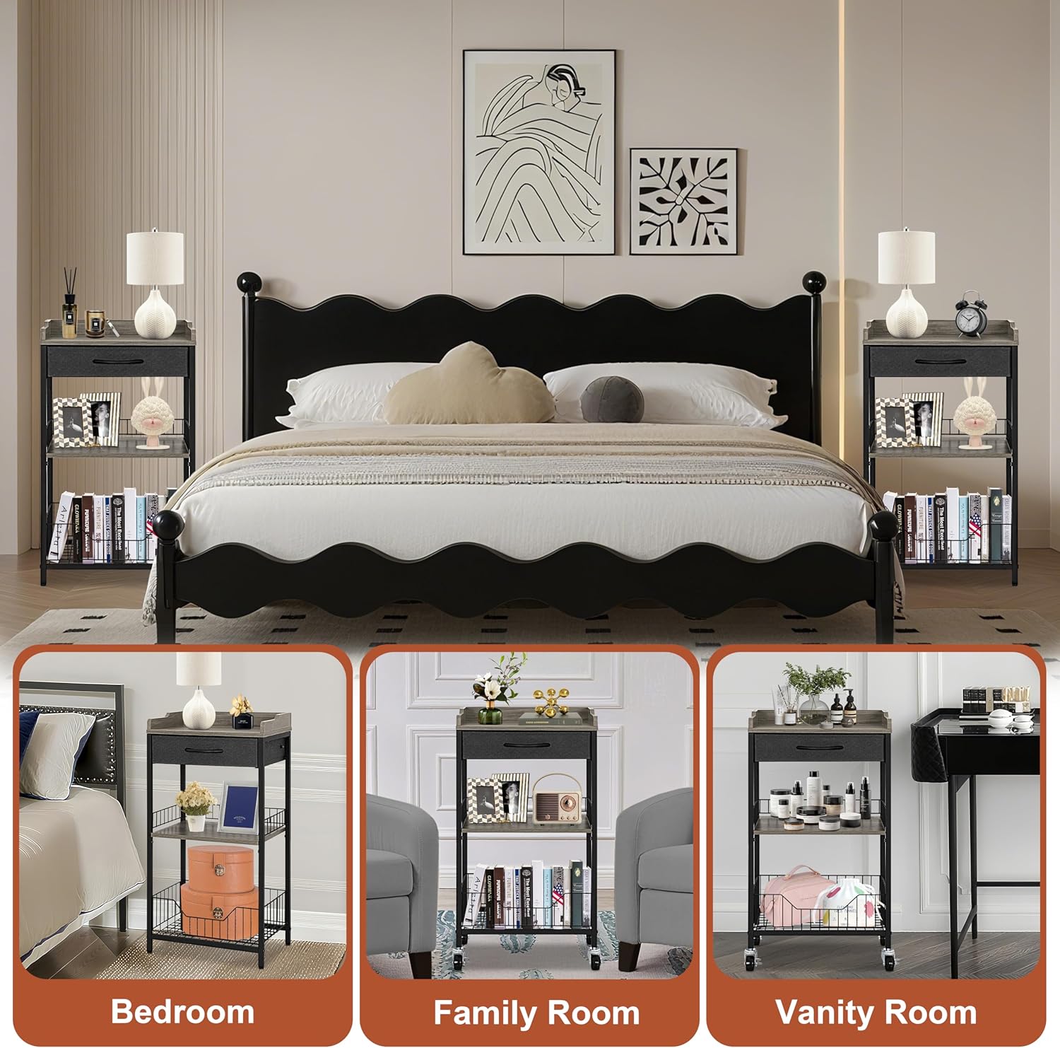 Tall Side Table with Drawer and Shelves, Narrow End Table with Optional Wheels, 4-Tier Small Side Table, 30" High for Living Room, Bedroom, Bathroom, Black & Grey