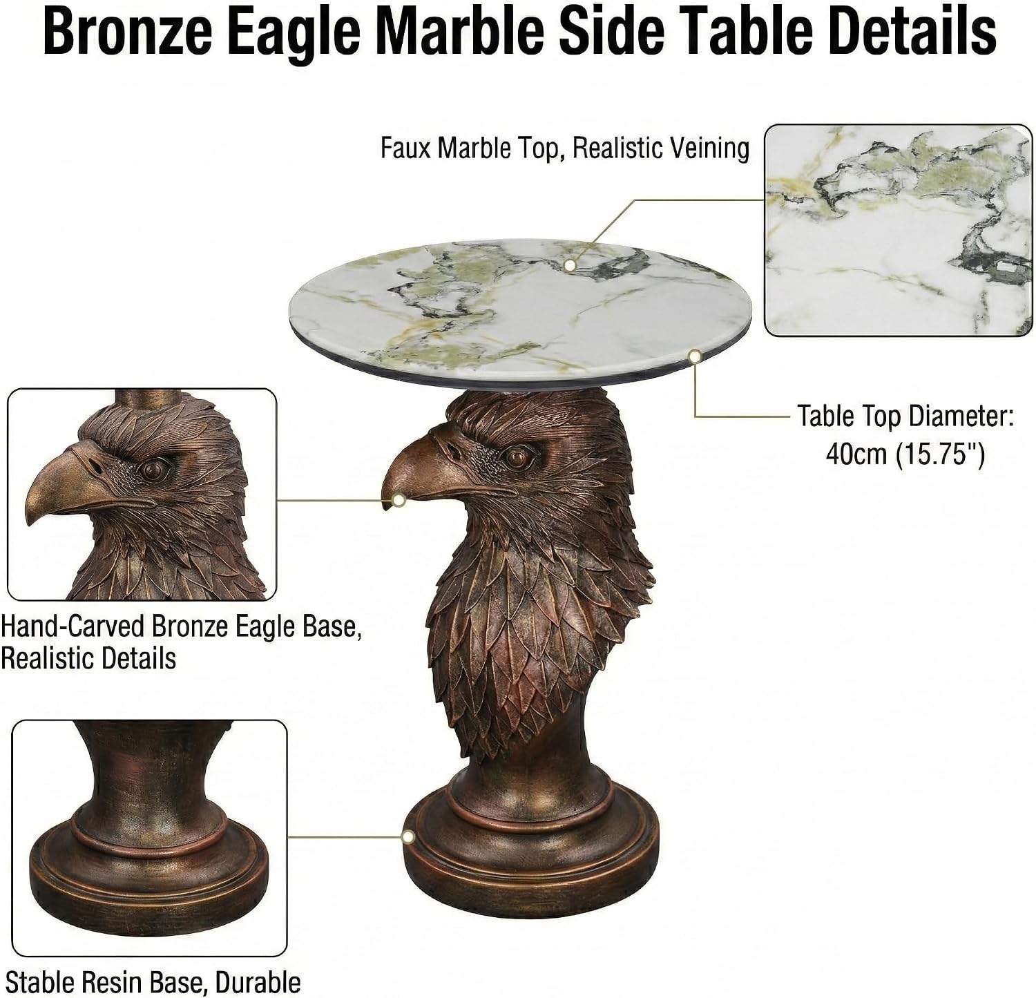 Eagle Head Accent Side Table - End Table with Faux Marble Top Unique Eagle Statue Decor for Living Room Bedroom Entryway Elegant Animal Sculpture Modern Classical Decoration, Bronze