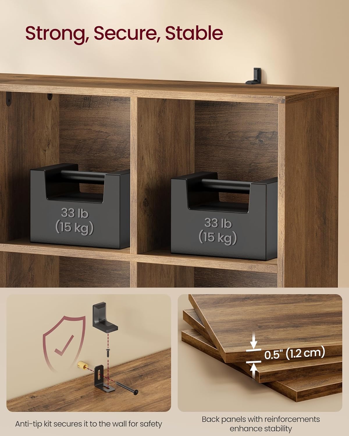 VASAGLE MAEZO Collection - Bookshelf, Bookcase, Cube Shelf with 8 Compartments, Storage Shelf, for Living Room, Home Office, Dining Room, 9.4 x 47.1 x 30.3 Inches, Honey Brown ULBC193KB01S