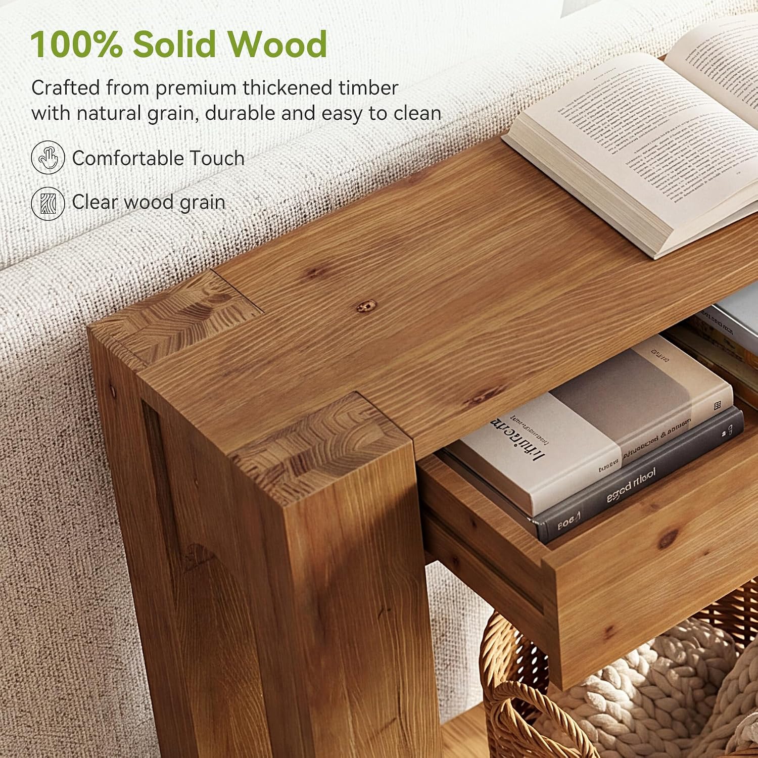 LITTLE TREE 63" Solid Wood Console Table, Farmhouse Entryway Table with 2 Drawers and U-Shaped Legs, Long Sofa Table Behind Couch for Entrance, Hallway, Living Room, Foyer