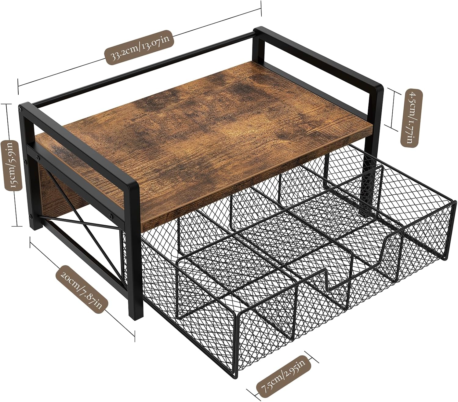 Tea Bag Organizer with Drawer, Tea Caddy for Countertop, Rustic | Wooden Tea Station Organizer with Drawer, Teabag Holder, Tea Organizers and Storage for Tea Bags, Sugar Packets, Accessories