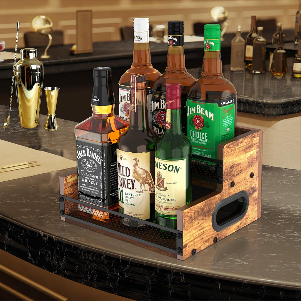 Liquor Bottle Display Shelf, Coffee Syrup Rack Organizer, 2 Step Countertop Liquor Wine Rack, 6 Bottles Coffee Station Organizer with Fences & Handles, Home Retro Bar Shelf Stand for Liquor Whiskey