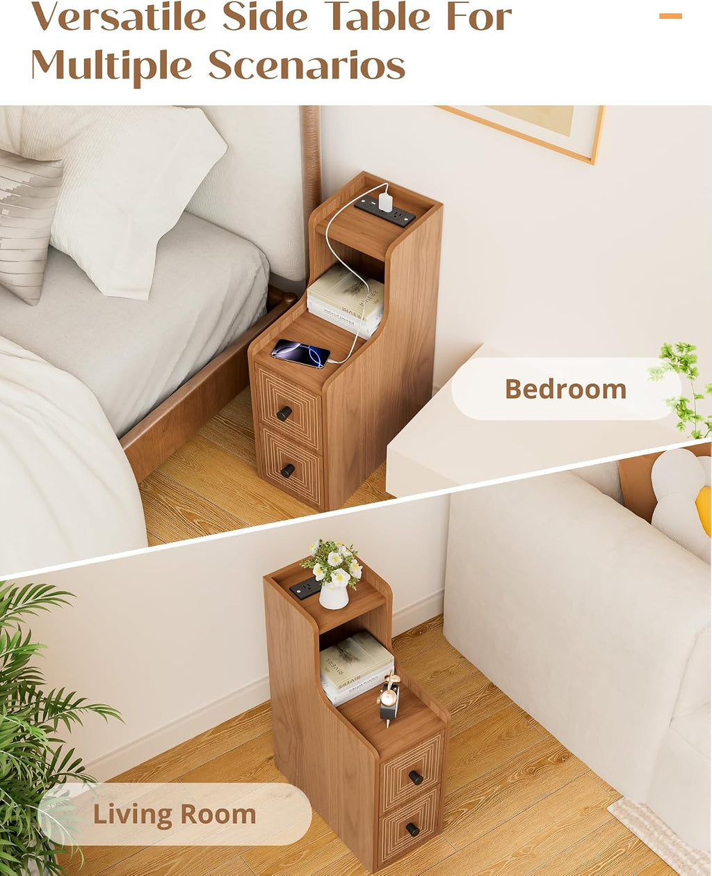 Set of 2 Narrow End Table with Charging Station, Wooden Slim Side Table with Storage, Mid Century Modern Nightstand with Drawers for Living Room, Walnut