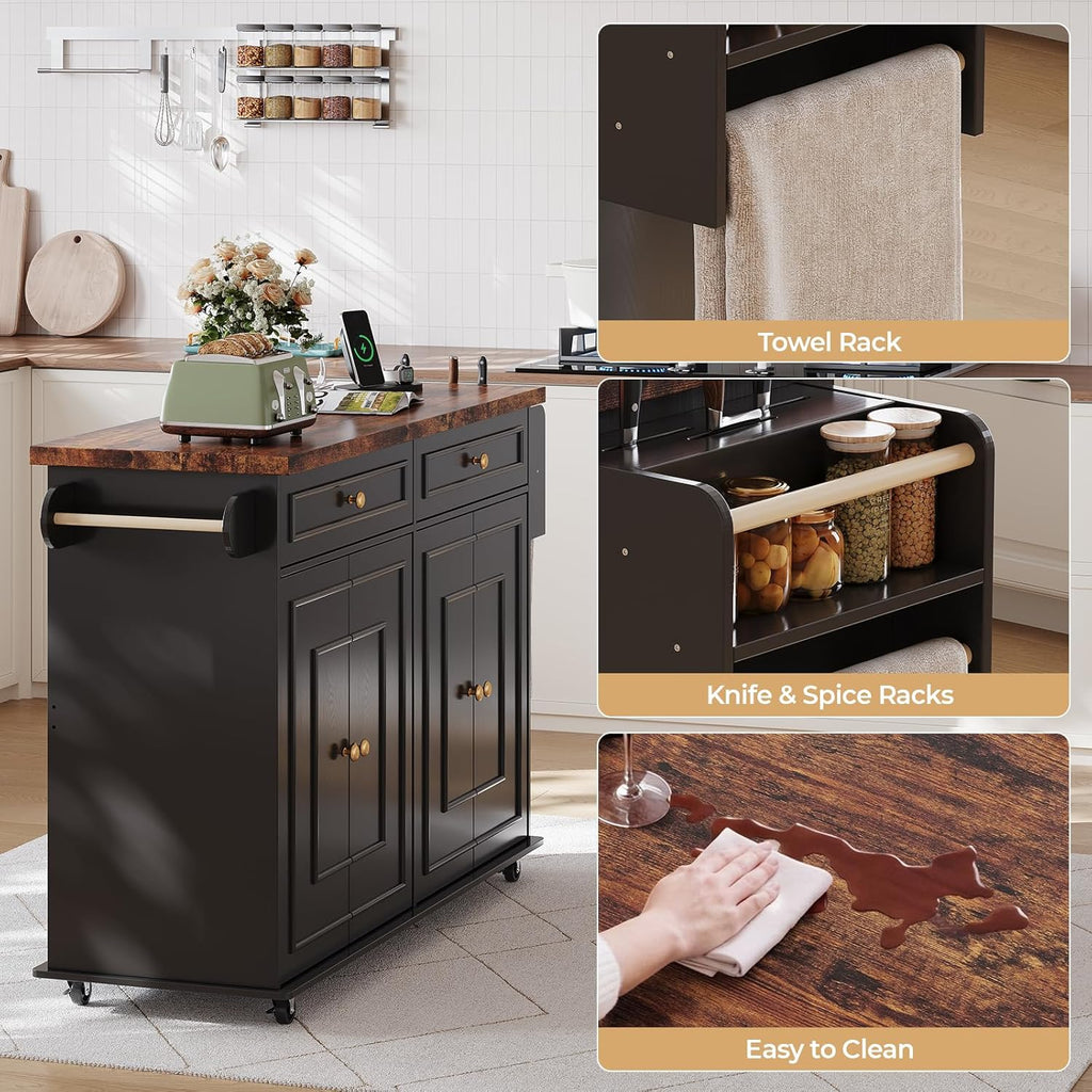 58 Inch Kitchen Island with Storage Cabinet, Island Table for Kitchen, Rolling Islands Cart with Power Outlet, Adjustable Shelves, Drawers, Spice and Towel & Knife Racks, Black
