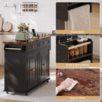 58 Inch Kitchen Island with Storage Cabinet, Island Table for Kitchen, Rolling Islands Cart with Power Outlet, Adjustable Shelves, Drawers, Spice and Towel & Knife Racks, Black