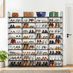 10 Tiers Metal Shoe Rack Organizer, 80 Pairs Large Capacity Shoe Storage Shelf with Side Hooks Adjustable PP Shelves Tool-Free Assembly Black Shoe Stand for Entryway Closet Garage Dorm