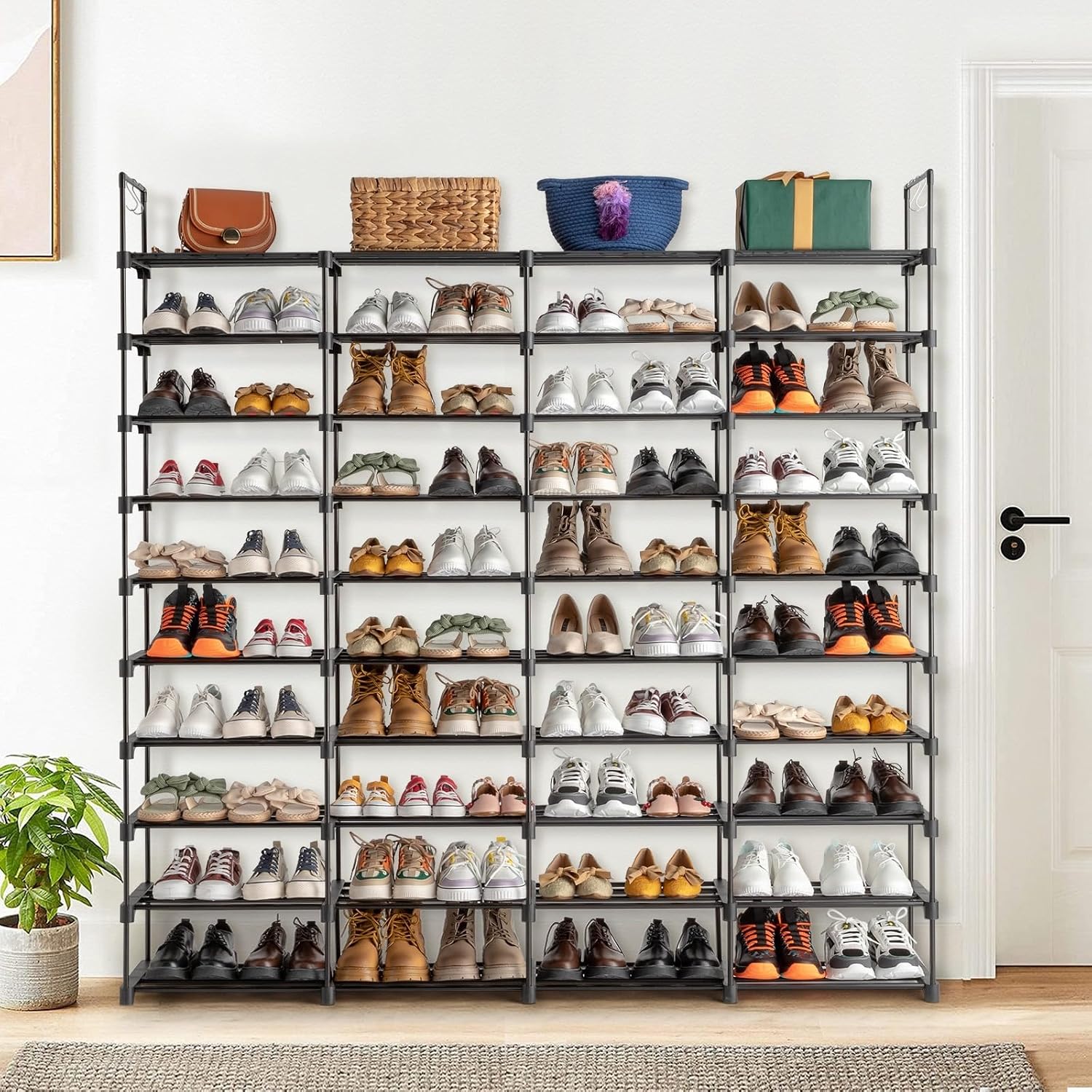 10 Tiers Metal Shoe Rack Organizer, 80 Pairs Large Capacity Shoe Storage Shelf with Side Hooks Adjustable PP Shelves Tool-Free Assembly Black Shoe Stand for Entryway Closet Garage Dorm