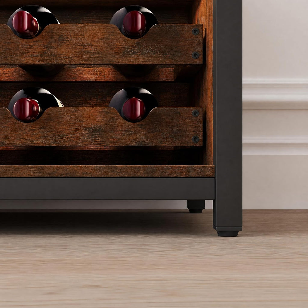 Wine Bar Cabinet with LED light, 3-Tier Removable wine rack cabinet glass holder, Mesh door adjustable shelf display cabinet bar, Waterproof metal frame buffet cabinet with storage bar cabinet, Retro