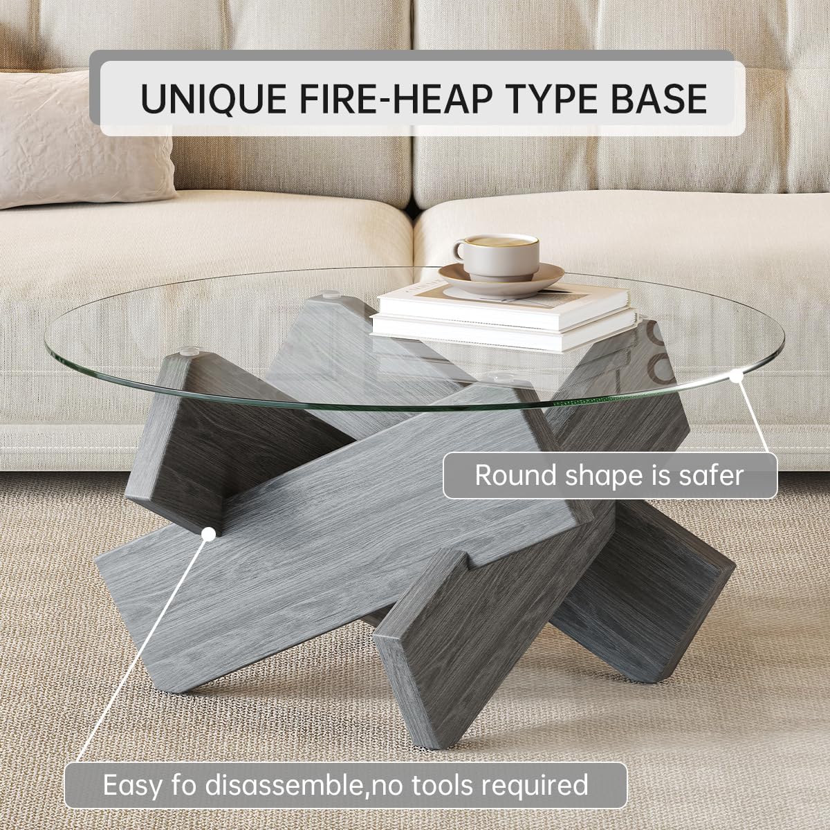 Gray Round Glass Coffee Table,33-Inch Coffee Tables for Living Room Clear Circle Accent Table Adapts to Farmhouse and Contemporary Decor