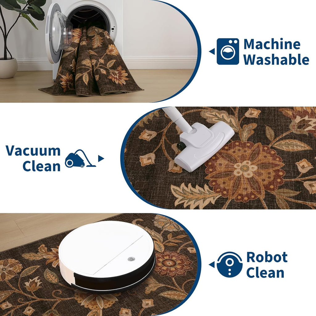 Garvee Washable 5x7 Area Rugs Boho Vintage Floral Botanical Fall Soft Non-Slip Low-Pile Stain Resistant Throw Rugs for Bedroom Living Room Nursery Office Kitchen Room Decor Dark Brown