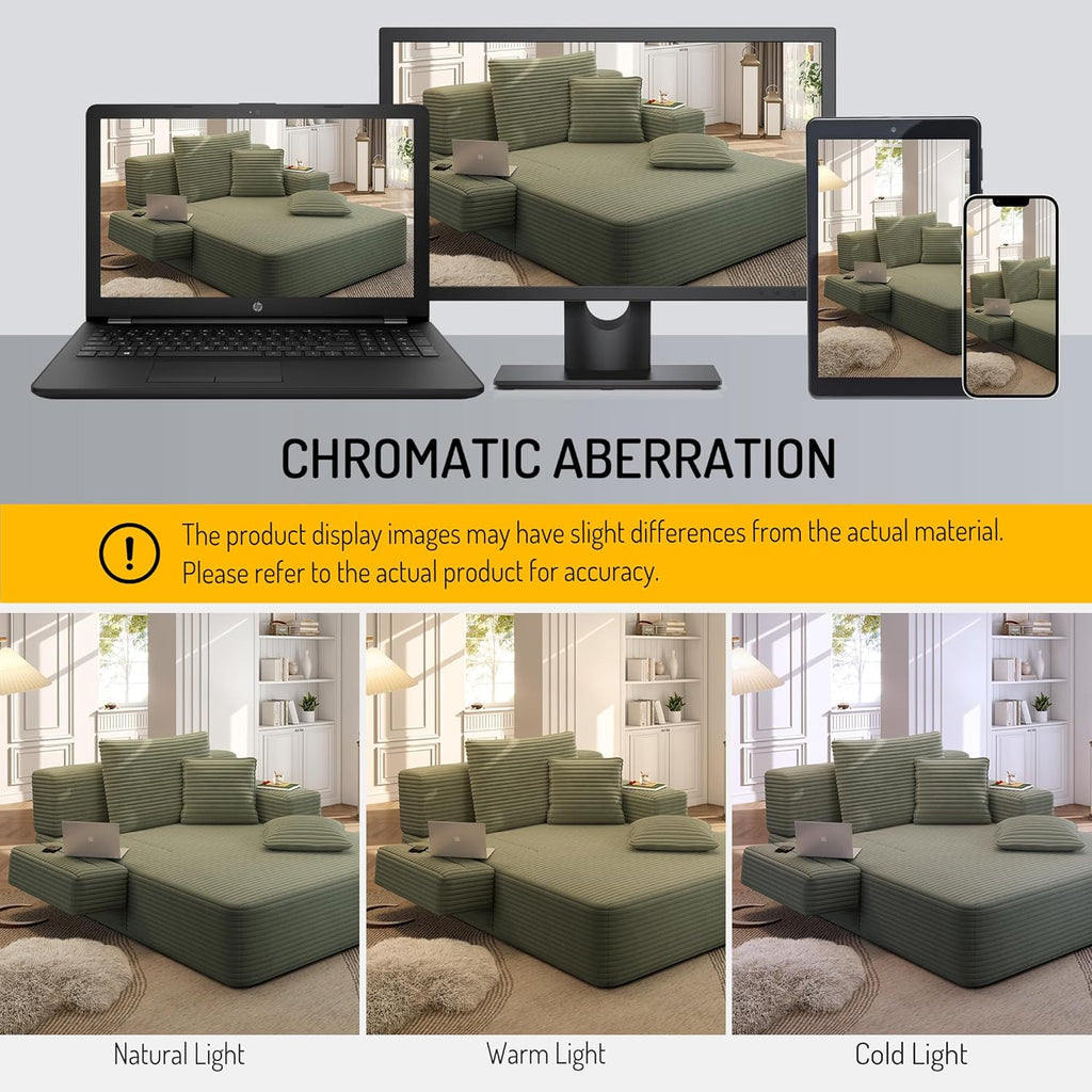 60.2" Oversized Chaise Lounge Chair, Boneless Corduroy Cloud Couch, Deep Seat Convertible Sofa Bed with 3 Pillows, Wide Armrests, Side Pocket, No Assembly (Green)