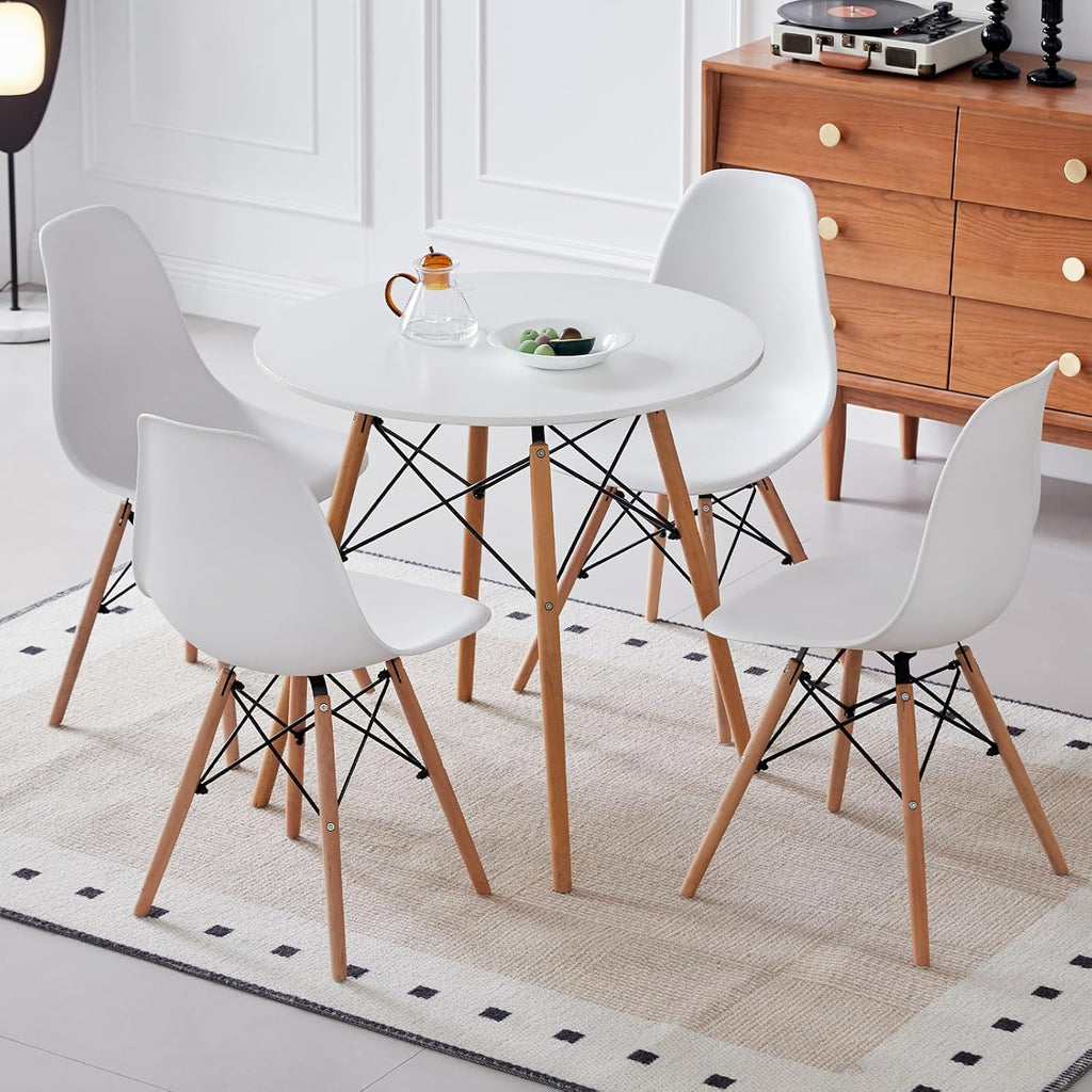 5-Piece Round Dining Table Set, Small 35.5" Kitchen Table Chairs Set of 4 Space Saving Furniture, Plastic Seats, Solid Wood Legs, for Living Room Apartment Office Home, White