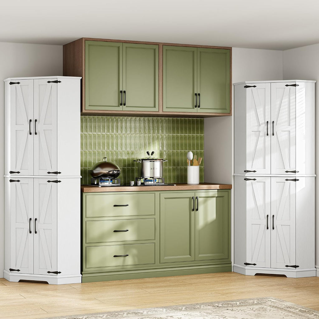 IRONCK Corner Cabinet, 72" Kitchen Pantry Cabinet, 6-Tier Freestanding Farmhouse Pantry with 2 Adjustable Shelves, 240°Swivel Doors, 2 Doors Storage, Spacious Hutch for Kitchen, Living Room, White