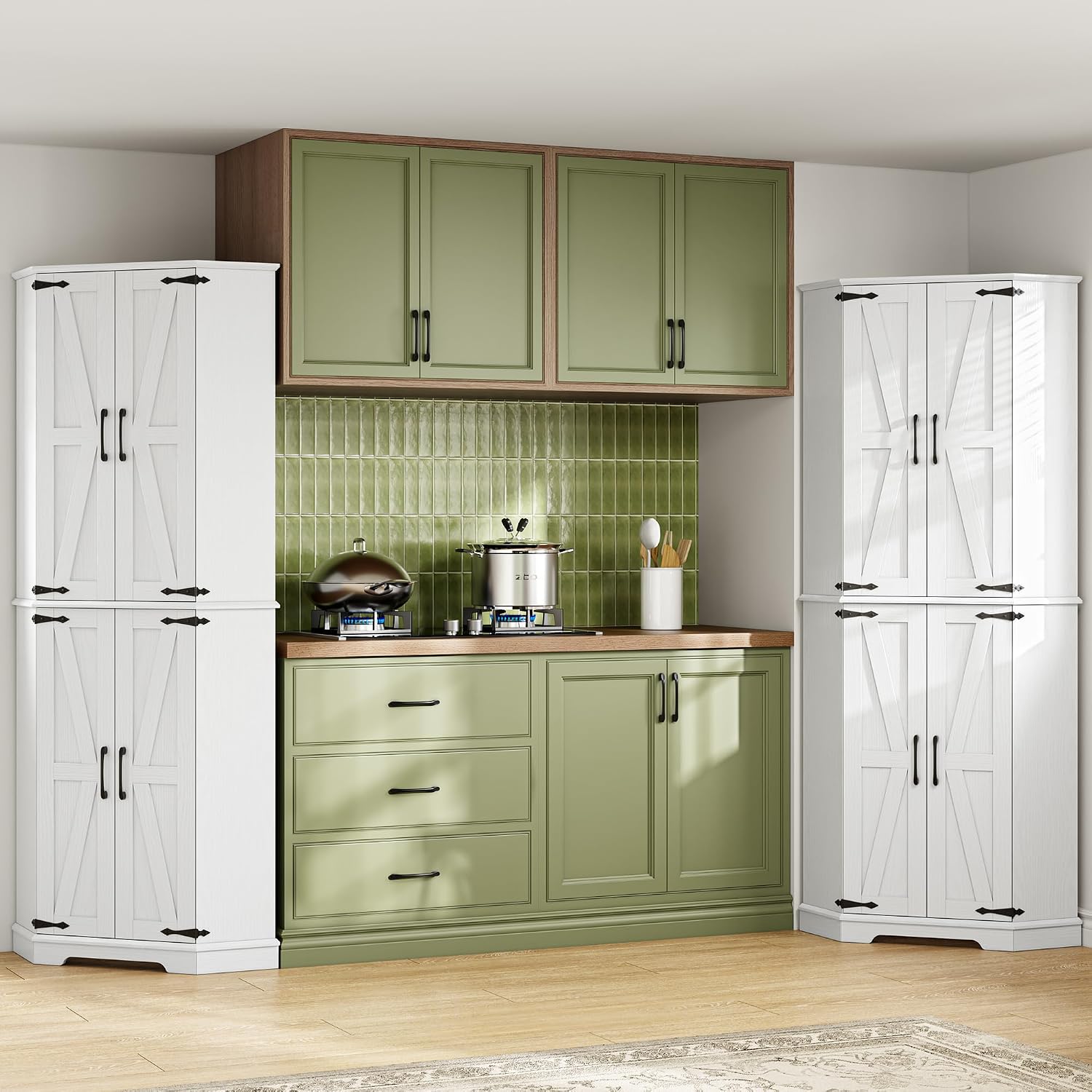 IRONCK Corner Cabinet, 72" Kitchen Pantry Cabinet, 6-Tier Freestanding Farmhouse Pantry with 2 Adjustable Shelves, 240°Swivel Doors, 2 Doors Storage, Spacious Hutch for Kitchen, Living Room, White