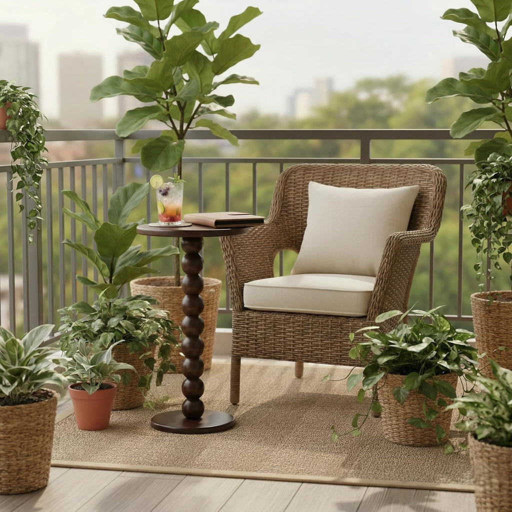 Solid Wood Round End Table, Boho Side Table for Living Room & Bedroom - Small Narrow Nightstand - Spool Bobbin Accent Furniture & Plant Stand- 22" Tall