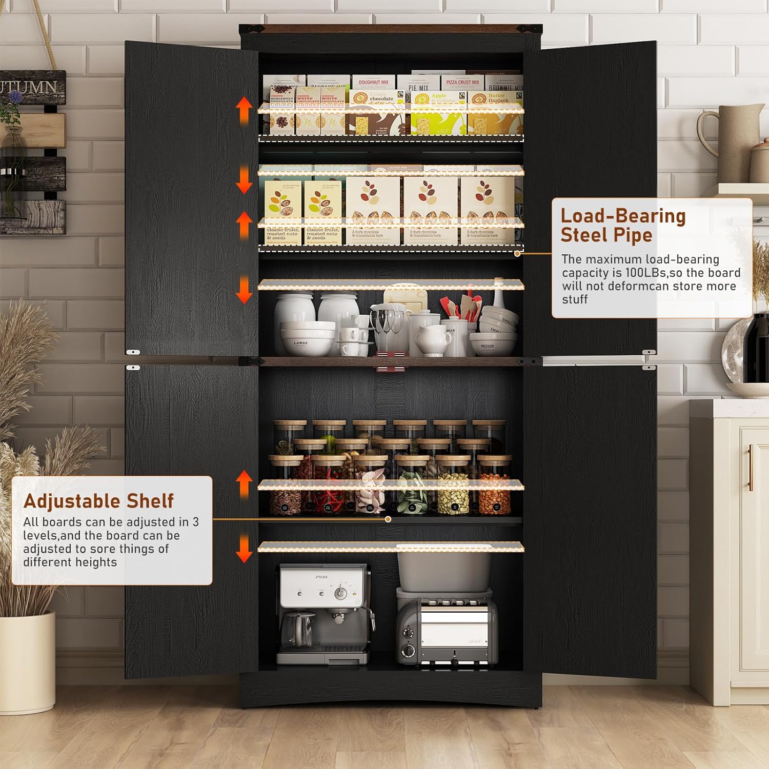 Hlivelood 71" Tall Kitchen Pantry,Farmhouse Storage Cabinet with Adjustable Shelves,Load-Bearing Steel Pipe,Farmhouse Pantry Cabinet with 4 Barn Doors,for Kitchen,Dining Room,Living Room(Black)