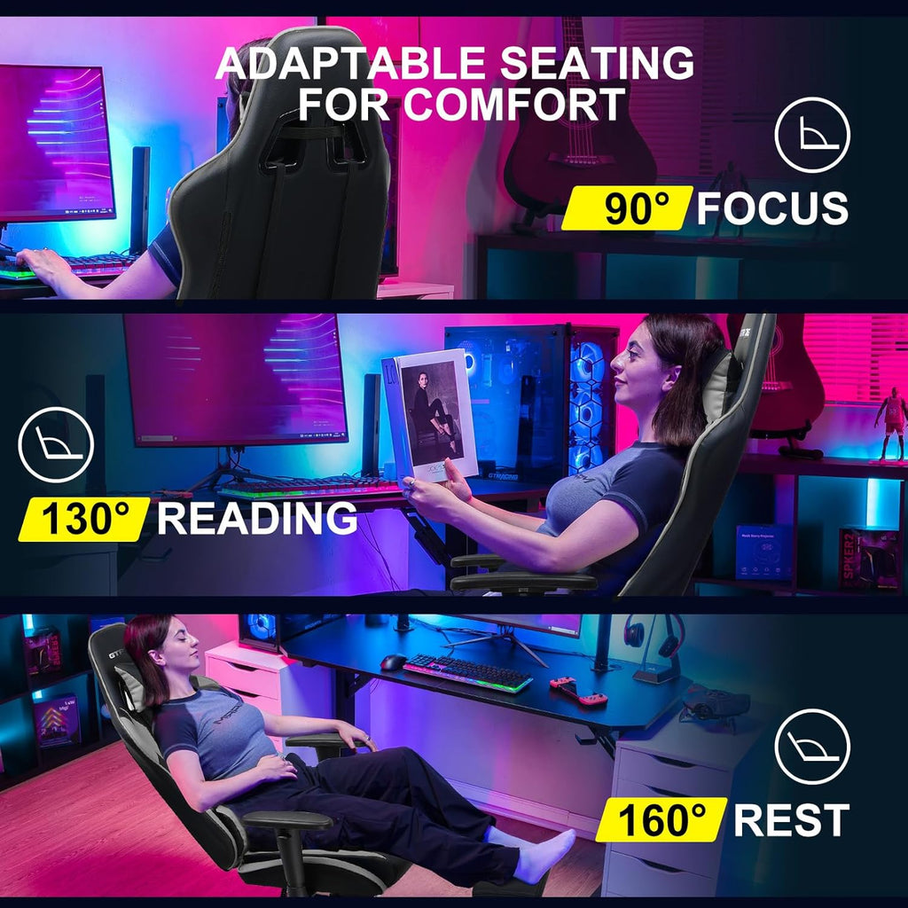GTPLAYER Gaming Chair with Footrest, Ergonomic Computer Game Desk Chair, Reclining Game Chair Seat Height Adjustment, Swivel Rocker with Headrest and Lumbar (Grey)