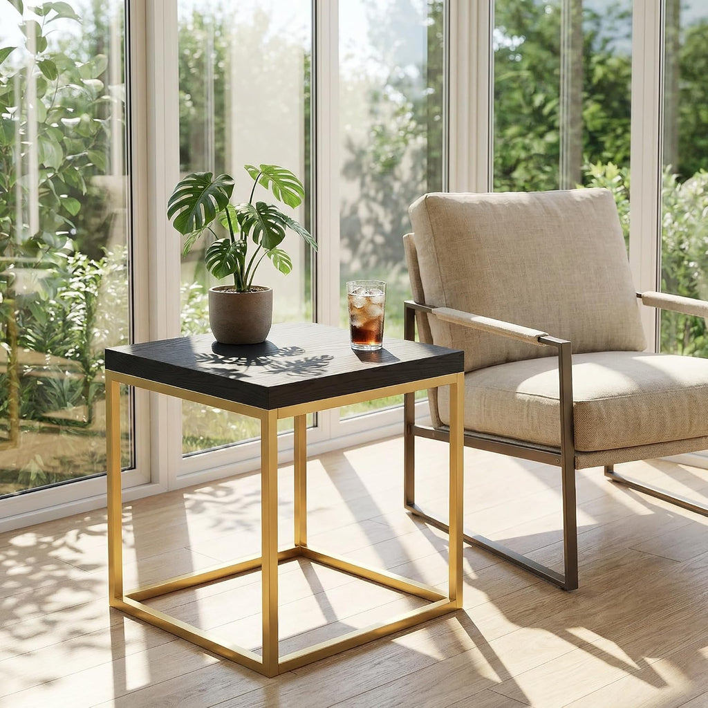 CENSI Modern Square End Table/Side Table, 18", Gold and Black | Extra Thick 1.6" Wood Top, Metal Frame, Industrial Nightstand, Black Oak Finish