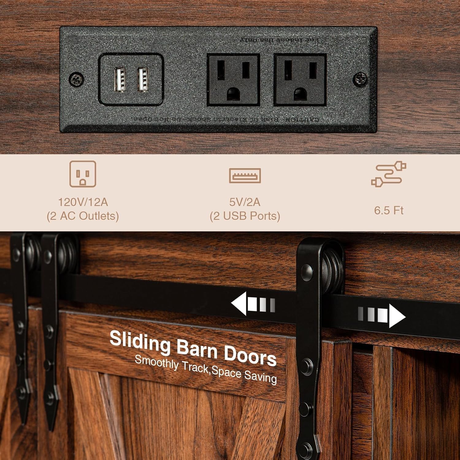 Wnutrees Farmhouse Coffee Bar Cabinet with Charging Station and USB Ports, Sliding Barn Door, 39" Kitchen Hutch Sideboard Buffet Storage Cabinet, Fits Kitchen Dining Living Room, Brown
