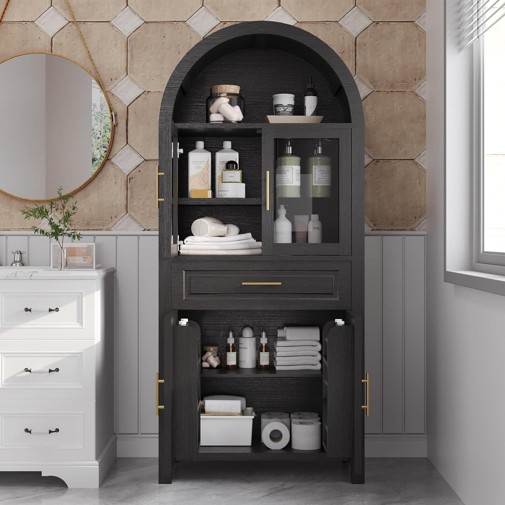 Farmhouse Tall Arched Kitchen Pantry Cabinet with Glass Barn Door – Adjustable Shelves & Built-in Racks for Dining Room & Living Room Storage (Black)
