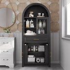 Farmhouse Tall Arched Kitchen Pantry Cabinet with Glass Barn Door – Adjustable Shelves & Built-in Racks for Dining Room & Living Room Storage (Black)