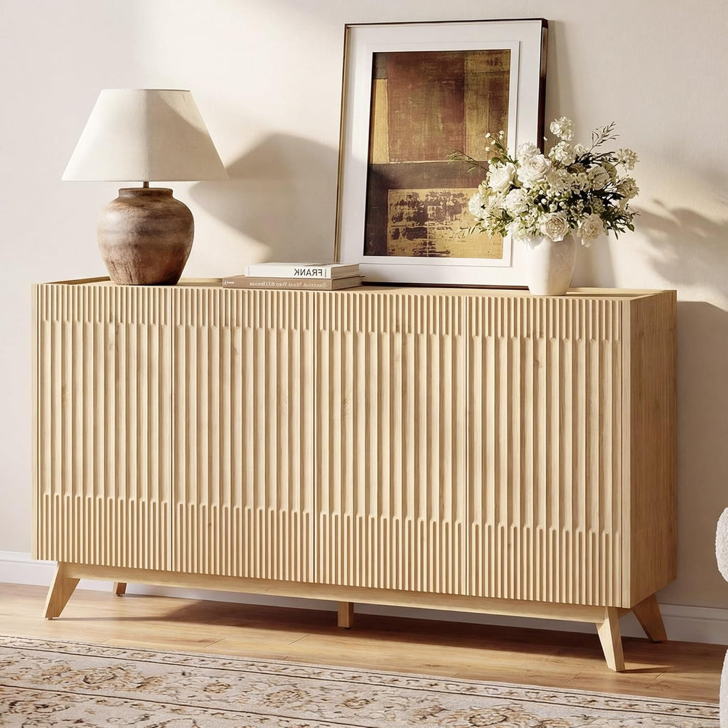 Fatmok Large Sideboard Buffet Cabinet with Storage, 65" Modern Fluted Credenza Buffet Table Coffee Bar Storage Cabinet with Doors & Adjustable Shelves for Living Room Kitchen Dining Room(Natural Oak)