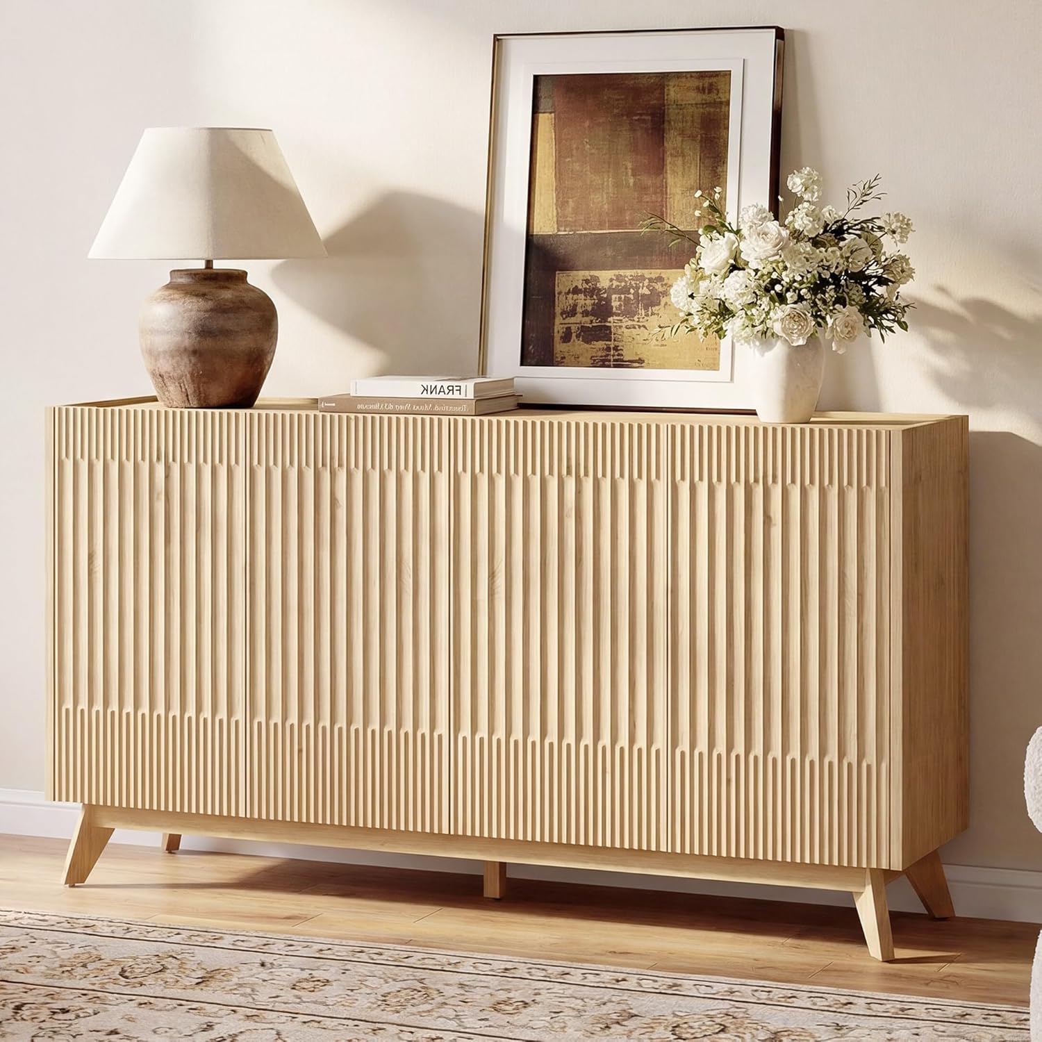 Fatmok Large Sideboard Buffet Cabinet with Storage, 65" Modern Fluted Credenza Buffet Table Coffee Bar Storage Cabinet with Doors & Adjustable Shelves for Living Room Kitchen Dining Room(Natural Oak)