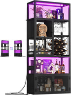 Armocity 82.6" Tall Bar Cabinet with Power Outlets & LED Lights, Liquor Cabinet Bar for Home, Reversible Coffee Station Wine Cabinet with Glass Holder & Wine Rack for Small Space, Black