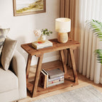 Solid Wood End Table for Living Room, 2-Tier Narrow Rustic Side Table, Rectangle Farmhouse Nightstand for Bedroom, Easy Assembly, Trapezoidal Base (1, Natural Brown)