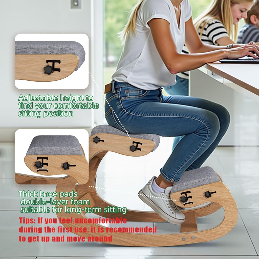 Ergonomic Kneeling Chair with Wooden Frame - Adjustable Height Office Chair with Soft Padding for Back Pain Relief, Posture Correcting Home & Office Desk Chair Wood