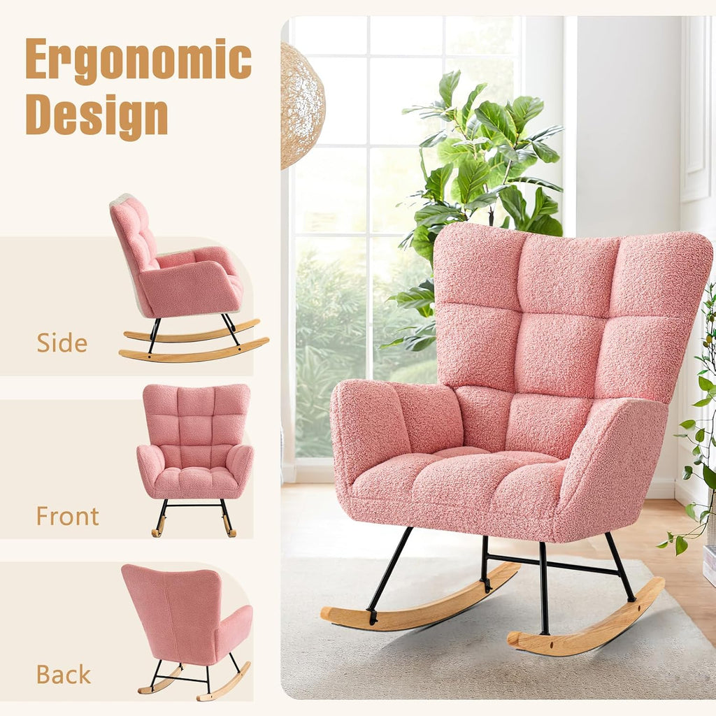 Furniliving Nursery Rocking Chair Upholstered Glider Rocking Chair Modern Accent Chair Padded Seat Reading Chair with High Backrest Comfy Chair for Living Room, Bedroom, Nursery, Pink, Teddy