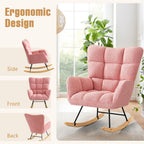 Furniliving Nursery Rocking Chair Upholstered Glider Rocking Chair Modern Accent Chair Padded Seat Reading Chair with High Backrest Comfy Chair for Living Room, Bedroom, Nursery, Pink, Teddy