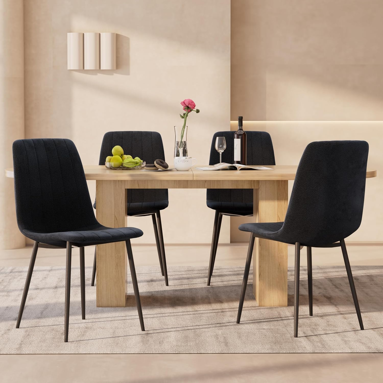 Dining Chairs Set of 4, Modern Kitchen Dining Room Chairs, Ergonomic Velvet Dining Chairs Upholstered Cushion Seat and Sturdy Metal Legs (Black)