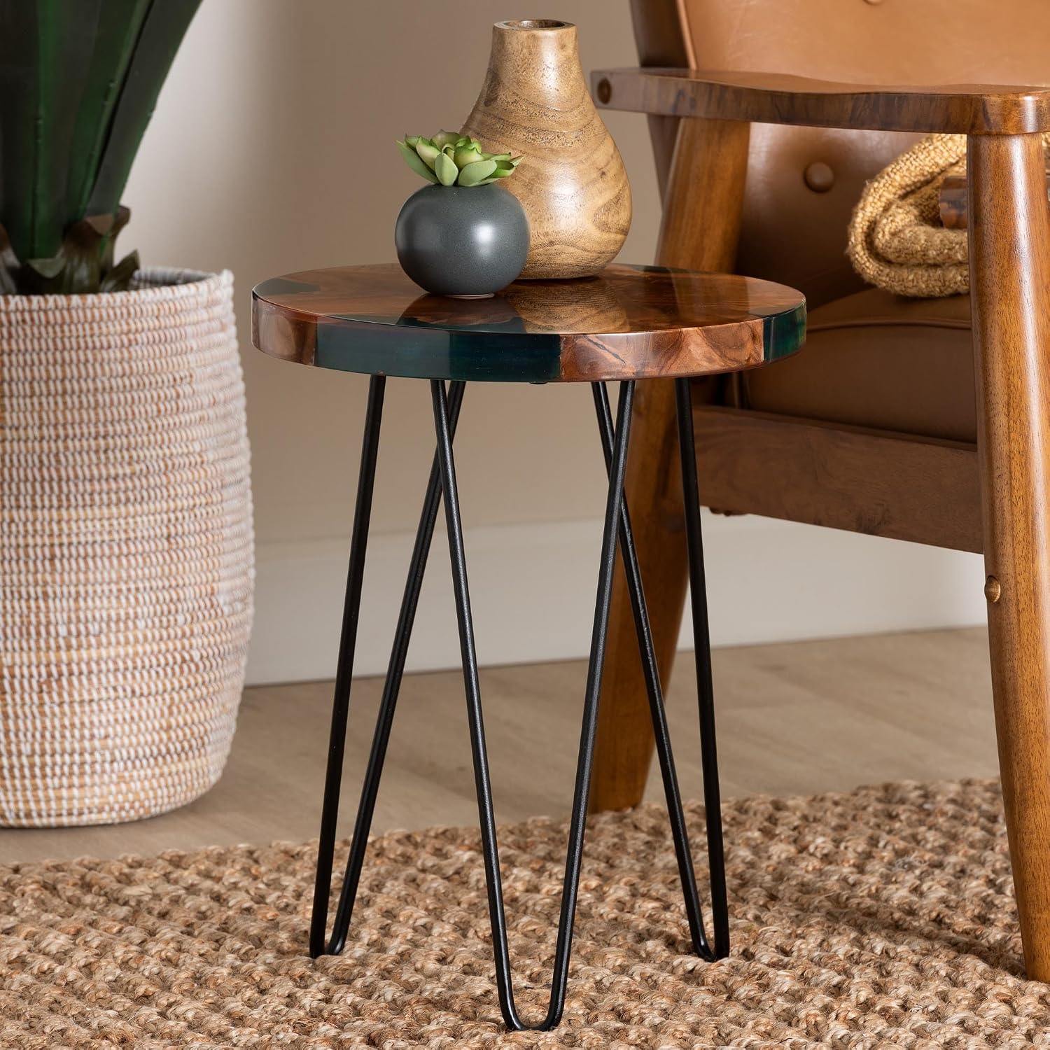 Bali & pari ANAN Teak Wood Epoxy Resin End Table - Round Live Edge Side Table with Black Metal Legs, Handcrafted Modern Rustic Accent Table for Living Room or Bedroom, Round