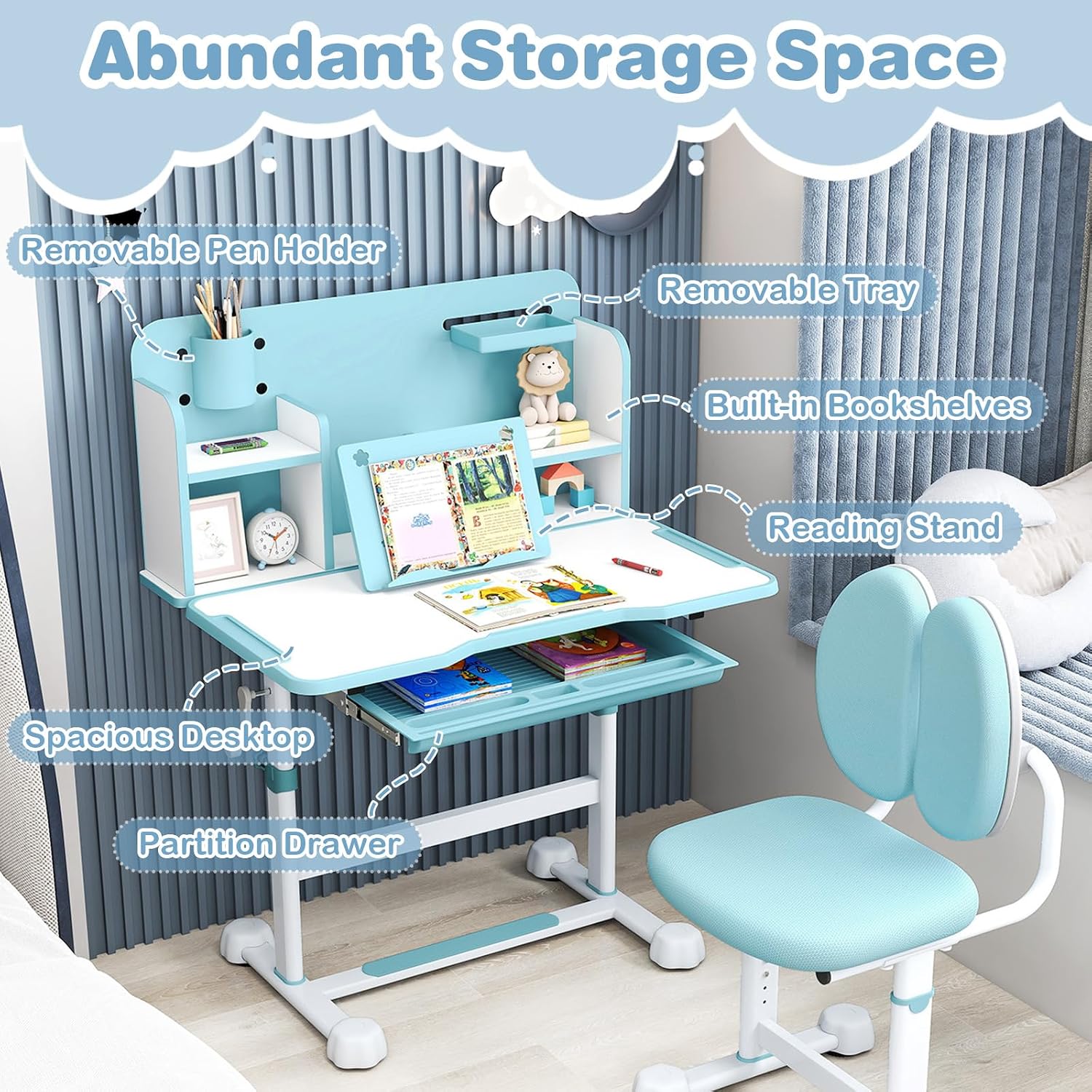 Costzon Kids Height-Adjustable Study Desk and Chair Set with Tilting Desktop, Pen Holder, Reading Stand, Footrest Bar, Ergonomic Design for Toddlers (Blue, 31.5"x21.5"x42")