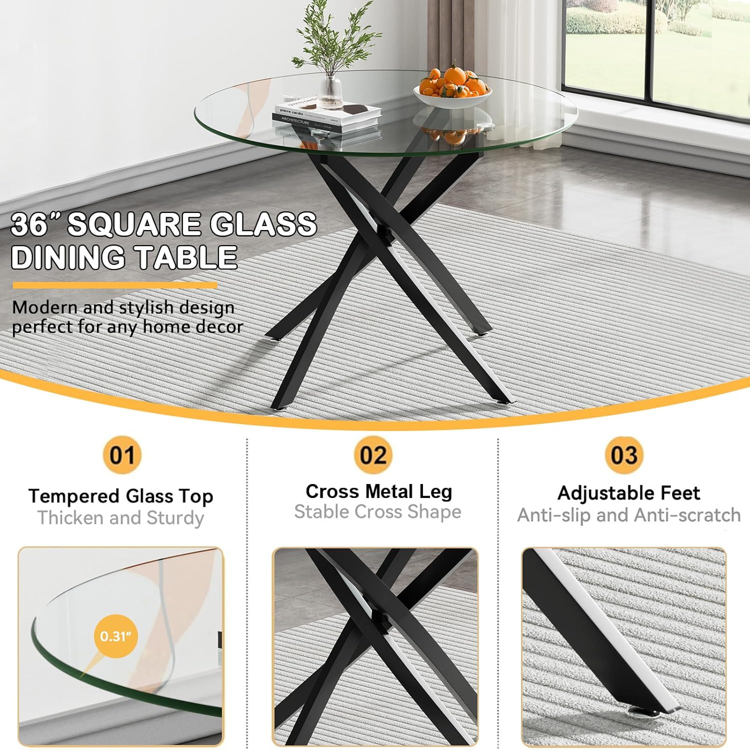 36" Round Glass Dining Table for 4, Circle Kitchen Table with Tempered Glass Top and Black Metal Cross Legs, Modern Small Glass Coffee Dinner Table for Kitchen Dining Room Apartment Office