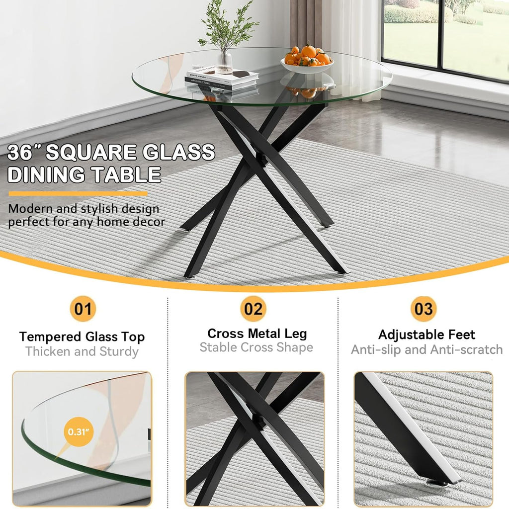 Small Round Dining Table Set for 4, Modern Glass Kitchen Table Chairs Set of 4, 5-Piece Dining Table Set w/36 Circle Black Glass Dining Room Table and 4 Grey Upholstered Dining Chairs