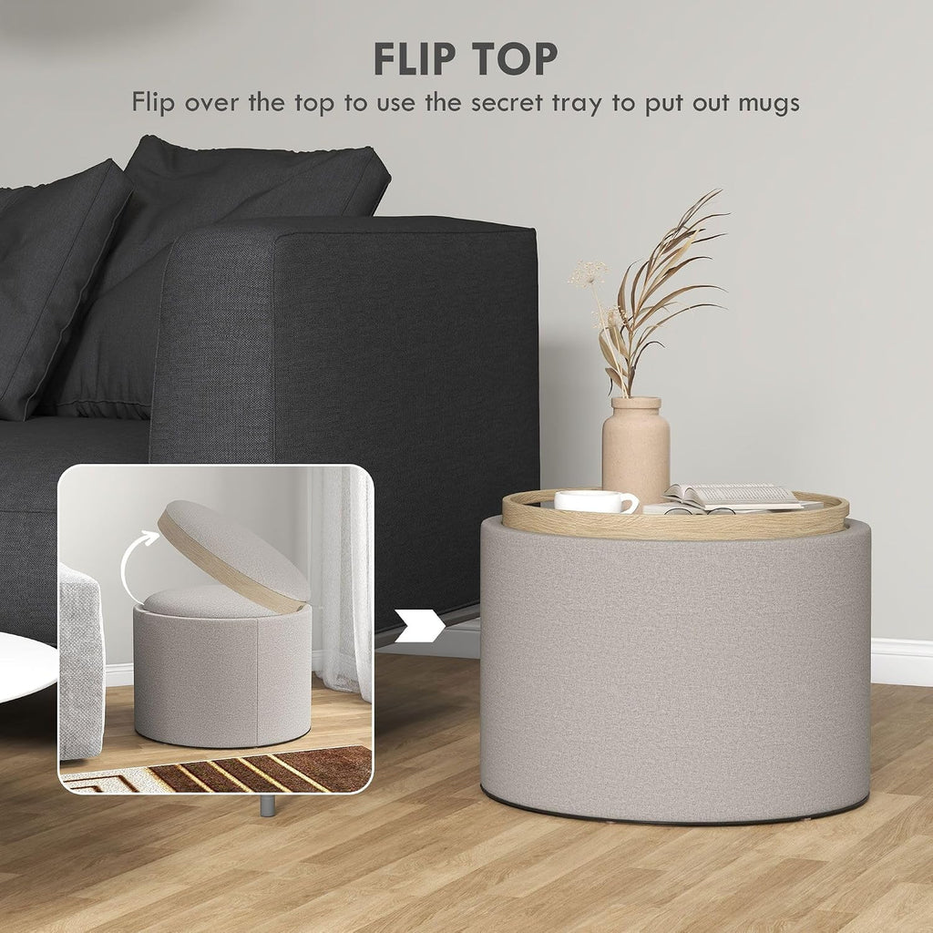 Reversible Storage Ottoman with Lid, Light Gray
