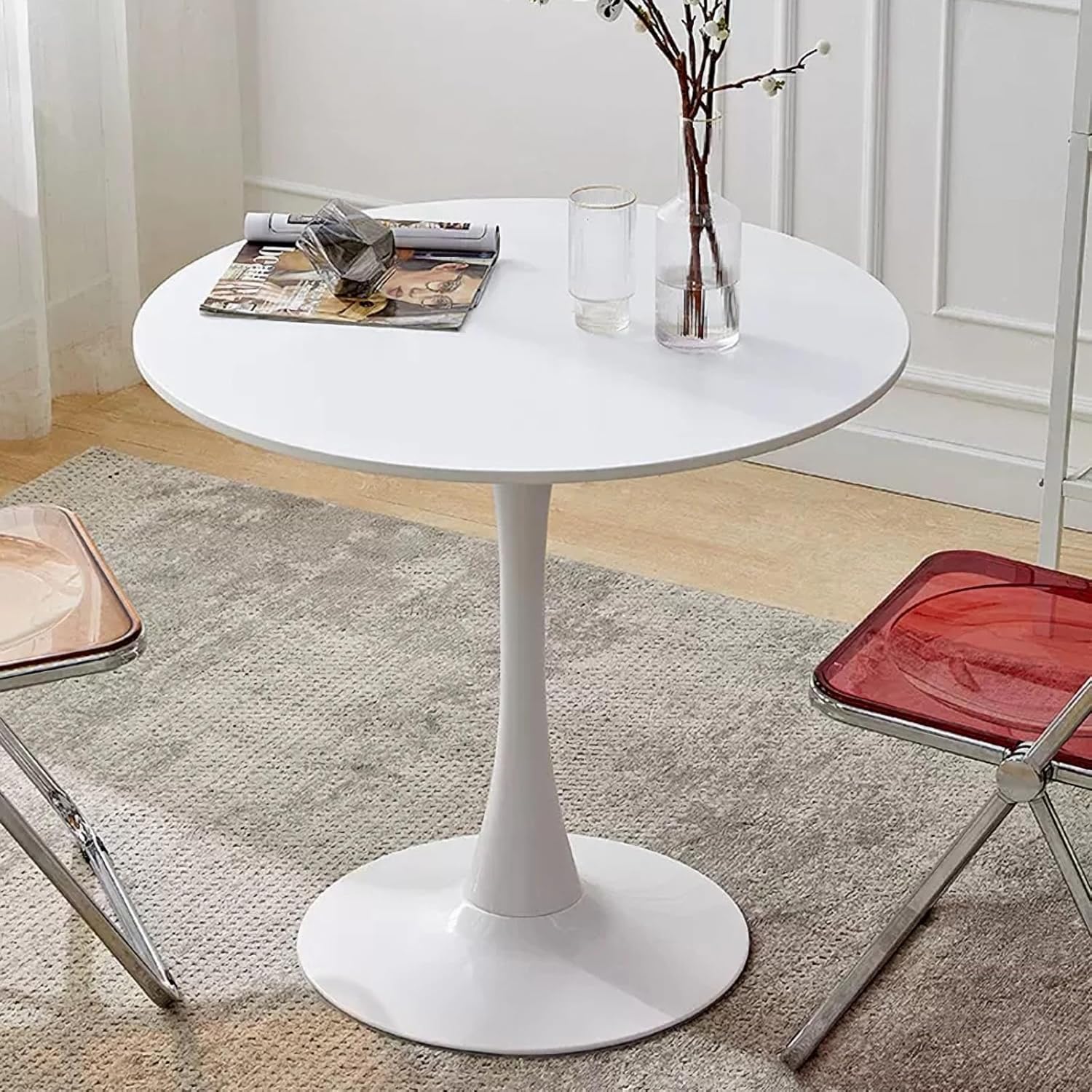 Round Dining Table, 24" Circle Pedestal Table with Thickened Tabletop & Metal Pedestal, Mid-Century Modern Coffee Table for Living Room, Kitchen, Small Places, White