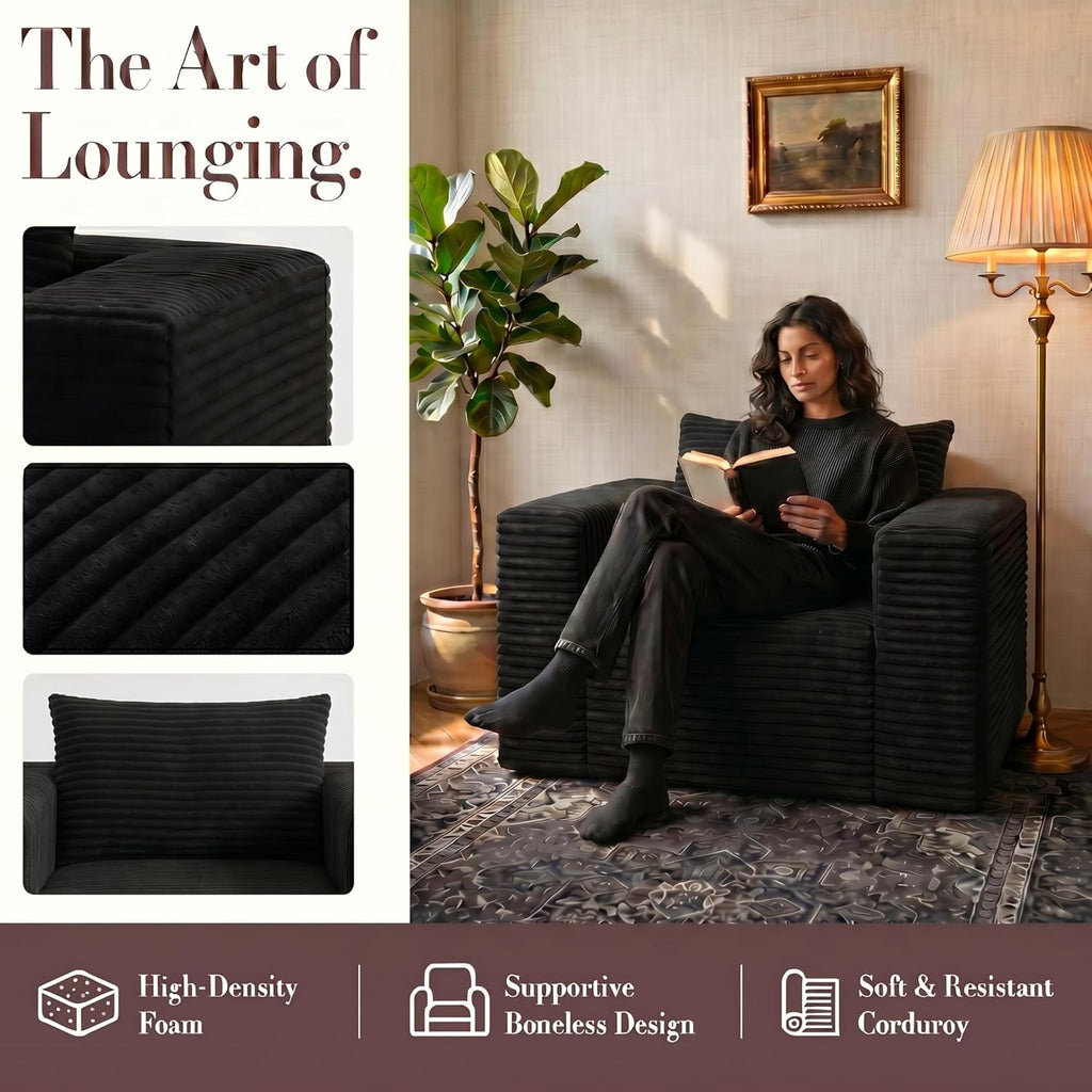 Mini Boneless Single Sofa Chair, Corduroy Cloud Couch with Pillow & Wide Armrests, High-Density Foam Reading Lounge for Living Room & Bedroom – No Assembly Required, Black