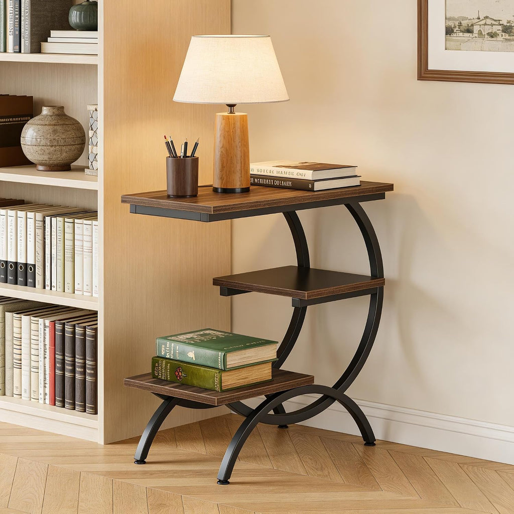 C-Shaped End Table, Narrow End Table with 3 Storage Shelves, 3-Tier Small Side Table for Couch, Wood Slim Snack Table with Black Metal Frame for Living Room Bedroom,Brown