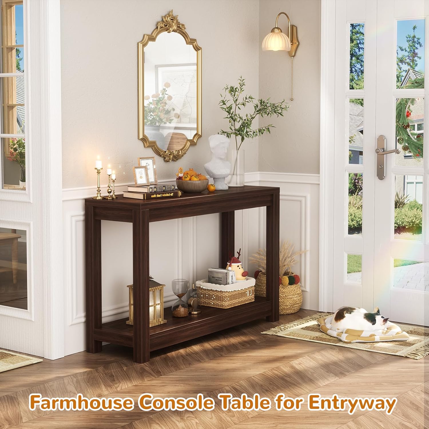 Besiost Small Farmhouse Wood Entryway Table Narrow Console Table with Storage Behind Couch Sofa Table with Shelves Entry Way Tables with Open Storage, Easy Assembly, 32" Black Walnut