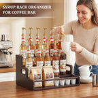 Bamboo Liquor Bottle Display Shelf, 3 Tier Coffee Syrup Rack Organizer, Countertop Liquor Stand for Home Bar, Dark Brown