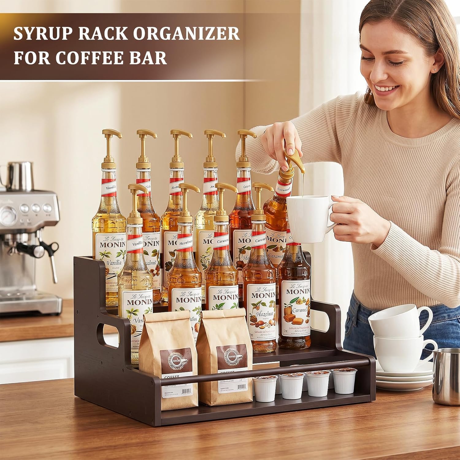 Bamboo Liquor Bottle Display Shelf, 3 Tier Coffee Syrup Rack Organizer, Countertop Liquor Stand for Home Bar, Dark Brown