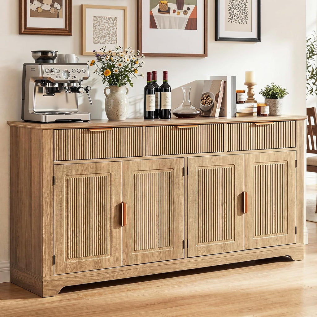 YITAHOME 59" Fluted Sideboard Buffet Cabinet with Storage, Wood Kitchen Storage Cabinet with Adjustable Shelves & Drawers, Mid Century Modern Credenza for Kitchen, Living Room, Entryway (Natural Oak)