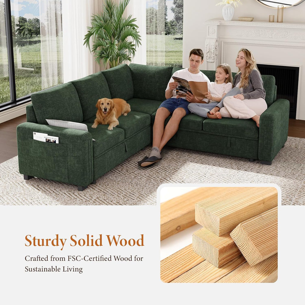Vesgantti 88.4" Sectional Sleeper Sofa with Pull Out Bed, 5 Seater L Shaped Modular Sectional Couch with Storage, Comfy Chenille Modular Couch for Living Room, Bedroom, Apartment, Green