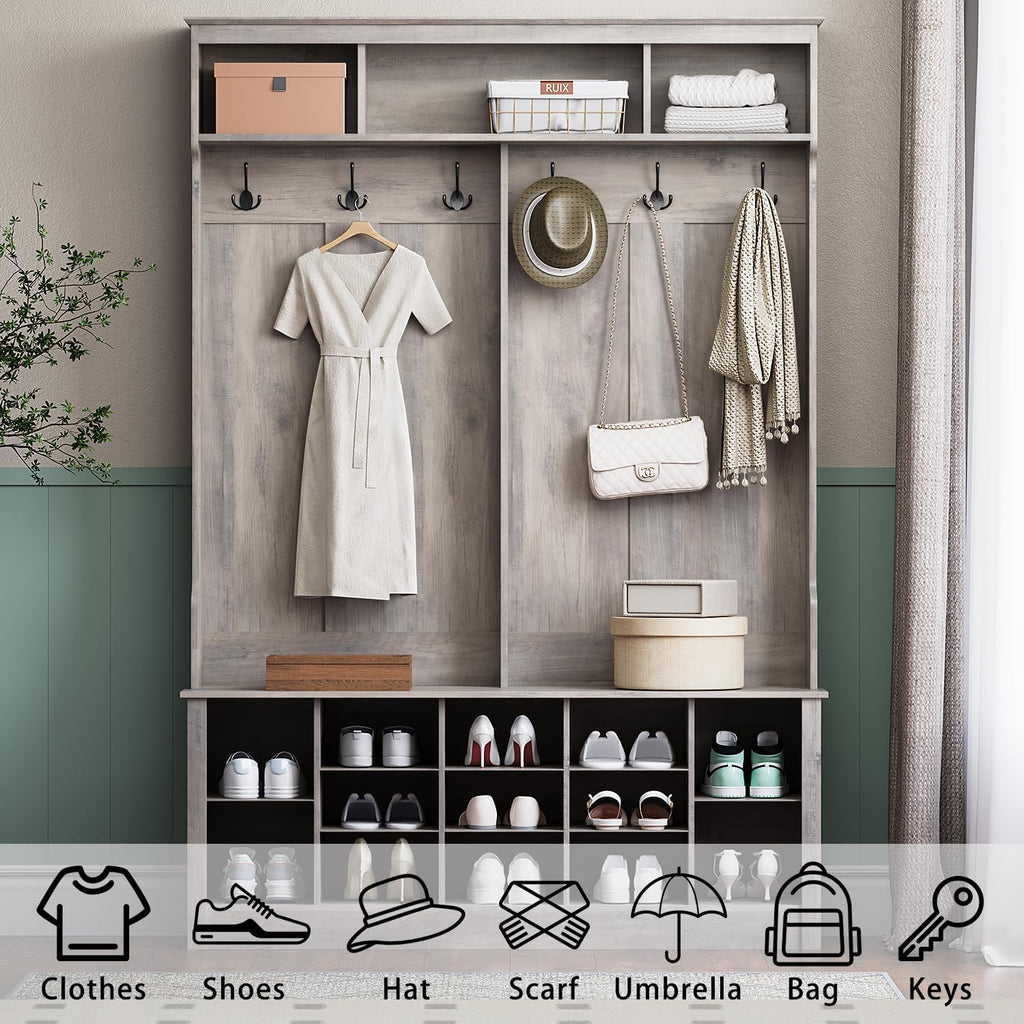 Wodeer Hall Tree with Bench and Shoe Storage, 53" Farmhouse 4-in-1 Mudroom Storage Organizer with Coat Rack, 6 Hooks, 12 Shoe Cubbies, Adjustable Shelf, for Entryway, Hallway, Living Room, Grey